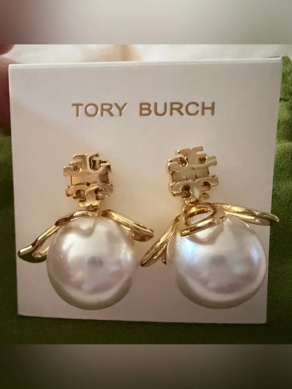 Tory Burch Gold and White Pearl Drop Earrings with Logo Accent